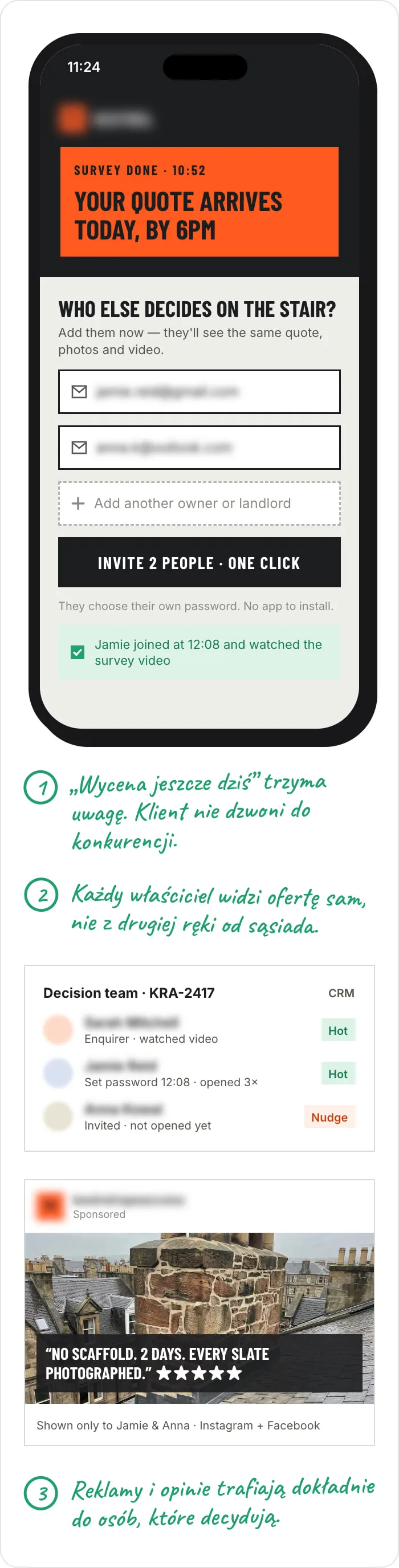 Telefon z zaproszeniem współwłaścicieli kamienicy do wyceny, lista decydentów w CRM i reklama z opinią pokazywana tylko zaproszonym osobom. Notatki: 1. „Wycena jeszcze dziś” trzyma uwagę. Klient czeka na nas, zamiast dzwonić do konkurencji. 2. W kamienicy decyduje kilku właścicieli. Każdy widzi ofertę sam, nie z drugiej ręki. 3. Znamy ich maile, więc reklamy i opinie trafiają dokładnie do osób, które decydują.