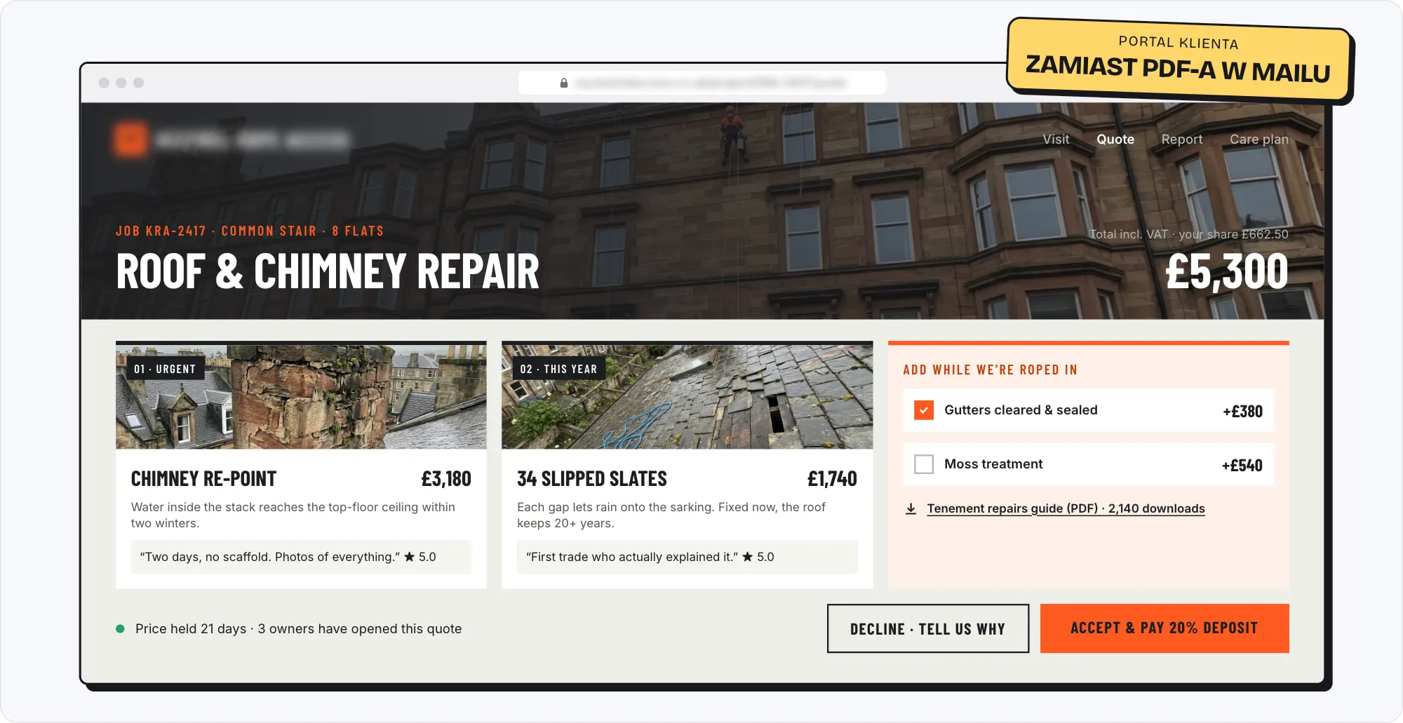 Portal klienta zamiast PDF-a w mailu: wycena naprawy dachu i komina za £5,300 ze zdjęciami z dachu, opiniami, dodatkami do zaznaczenia i przyciskami akceptacji lub odmowy