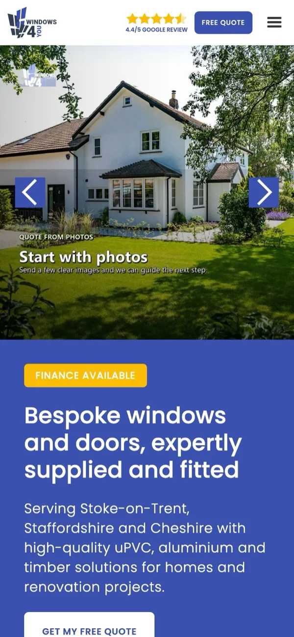 Stara strona Windows4You na telefonie: slider ze zdjęciem domu