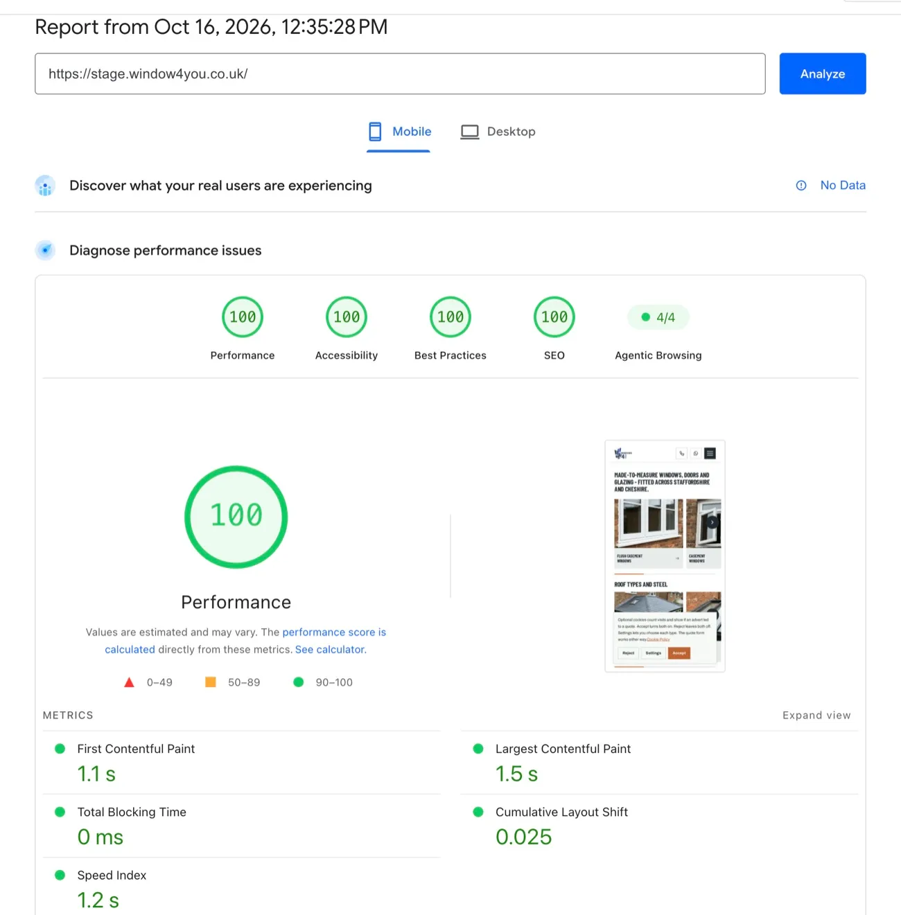 Raport PageSpeed Insights nowej strony na telefonie: 100, 100, 100, 100