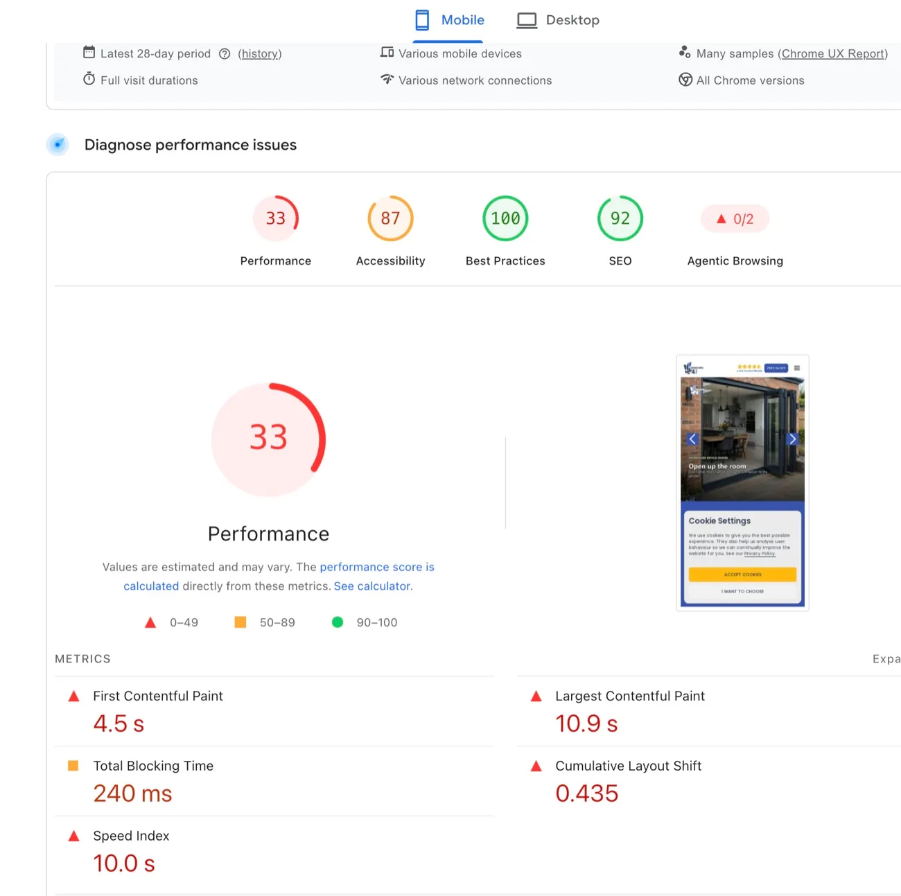 Raport PageSpeed Insights starej strony na telefonie: 33, 87, 100, 92