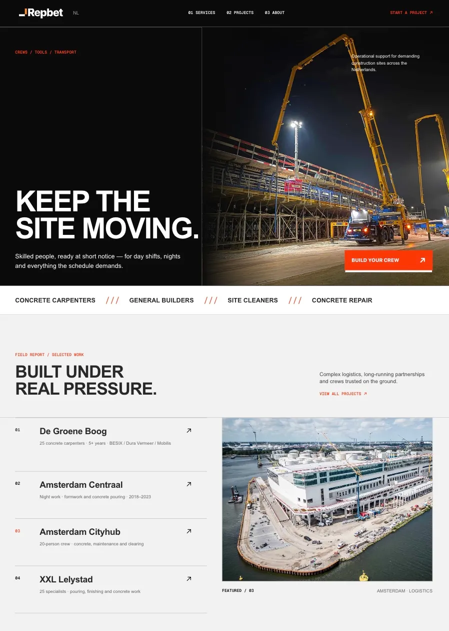 Repbet po zmianie: ciemna strona z hasłem Keep the site moving i listą realizacji