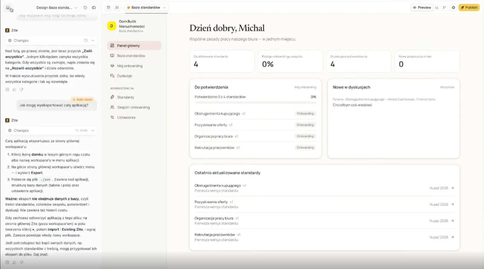 Aplikacja „Baza standardów” zbudowana podczas sesji: panel główny ze standardami, onboardingiem zespołu i dyskusjami