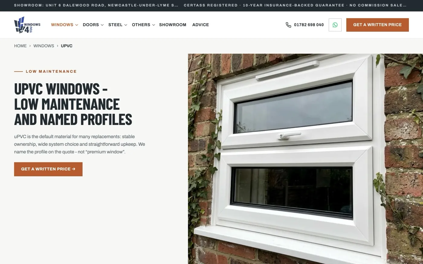 Nowa strona produktu uPVC: breadcrumbs, konkretna obietnica i okno zamontowane przez klienta