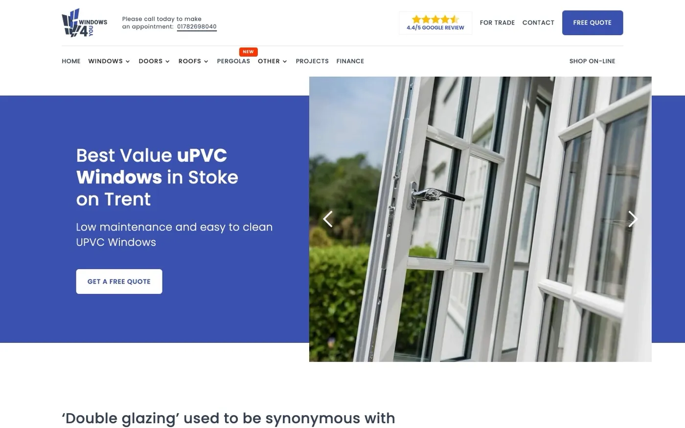 Stara strona produktu uPVC: nagłówek „Best Value uPVC Windows in Stoke on Trent” i stockowe zdjęcie
